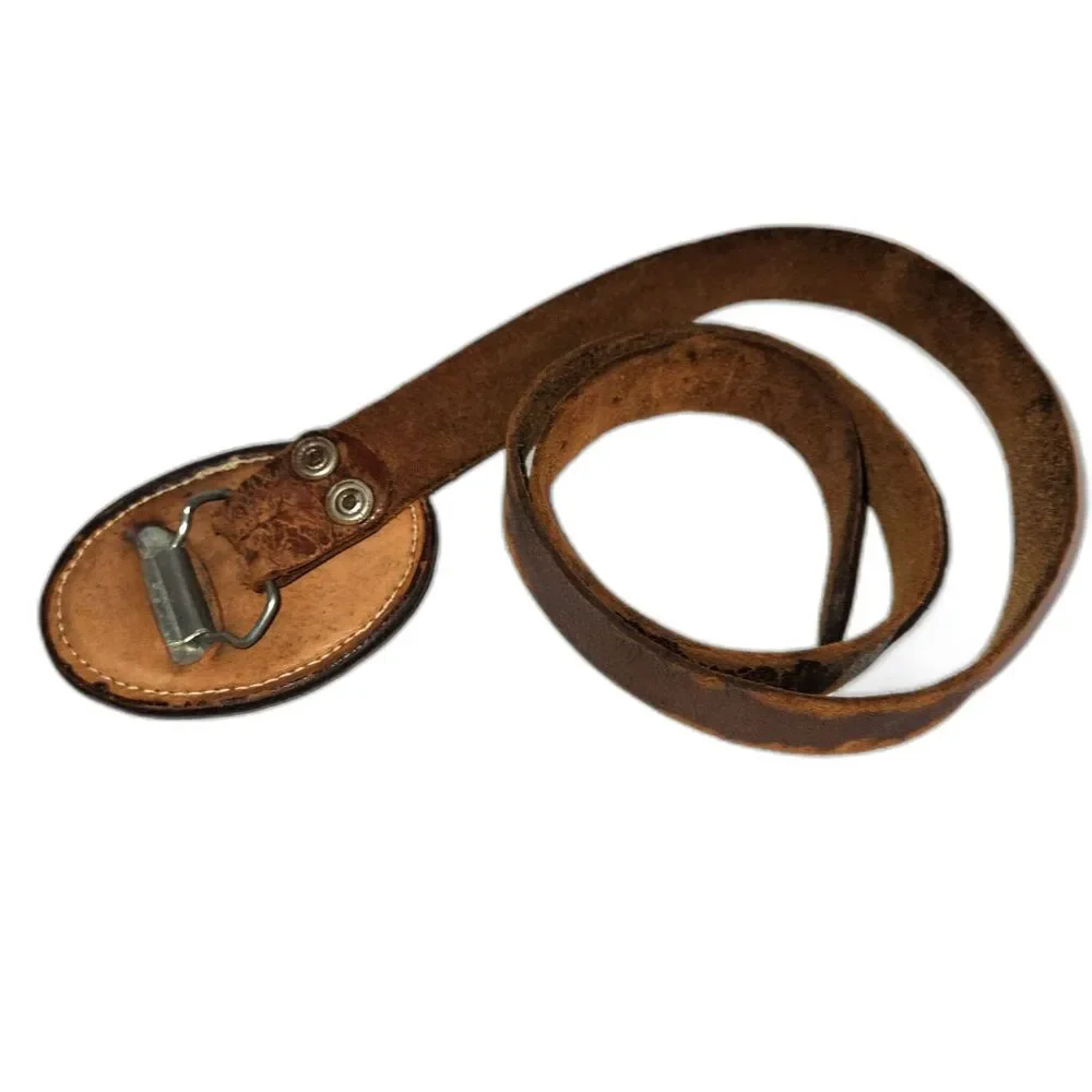 Vintage 70s DAVID Genuine Brown Leather Belt with Hand Tooled Leather Buckle